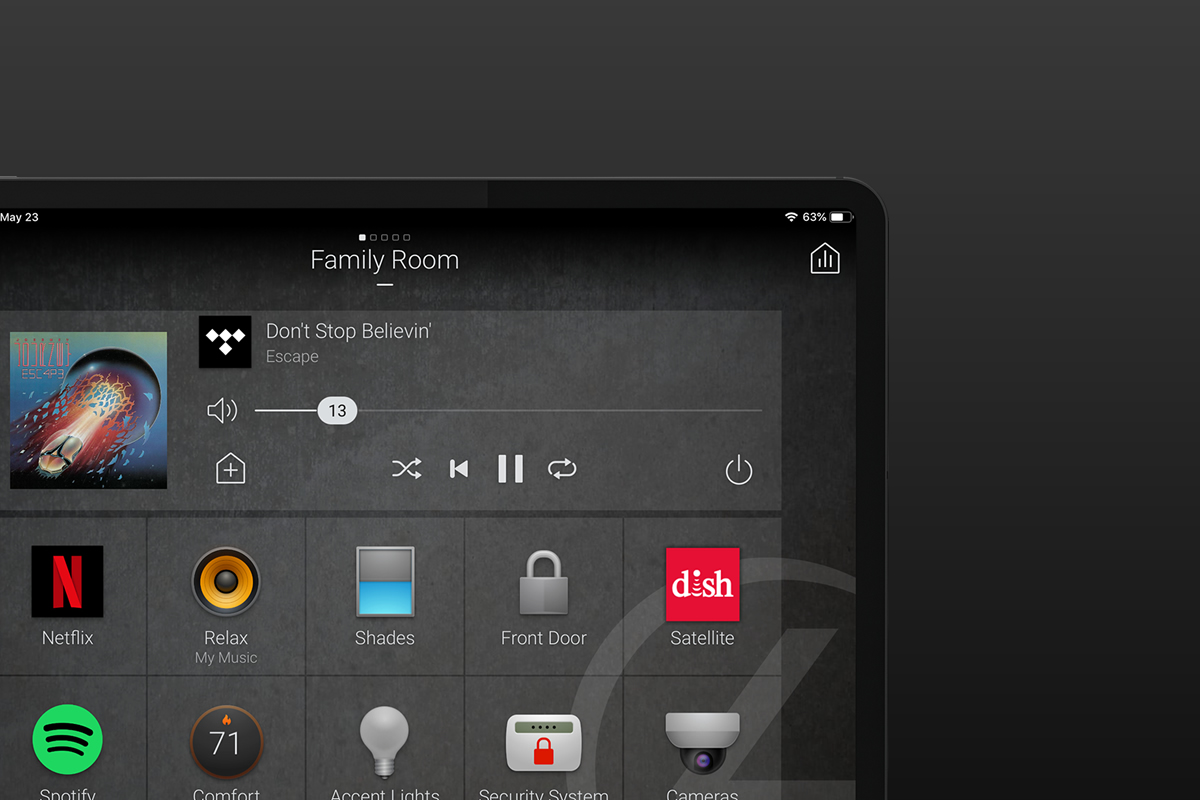 Control4 entertainment screen on a tablet