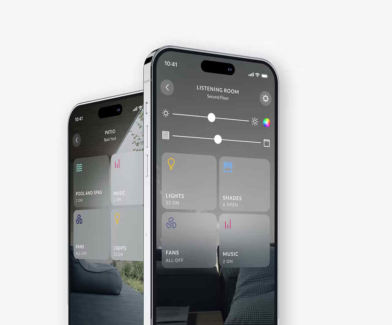 Smartphones displaying a smart home control app with room-by-room controls for lighting, shades, music, fans, and pool systems.