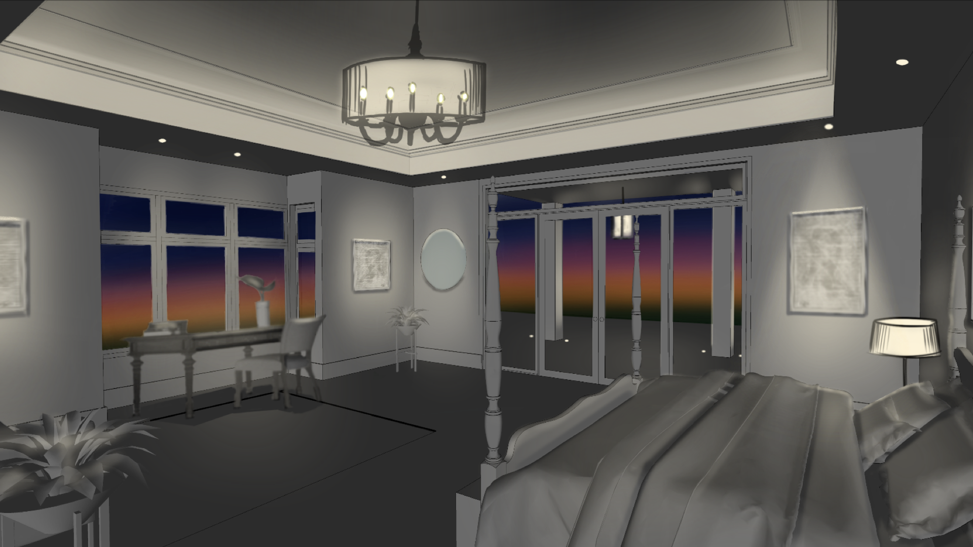 3D rendering of a spacious bedroom with a four-poster bed in the foreground, a writing desk by large windows showing a colorful sunset sky, French doors to a balcony, and recessed ceiling lights with a central chandelier.