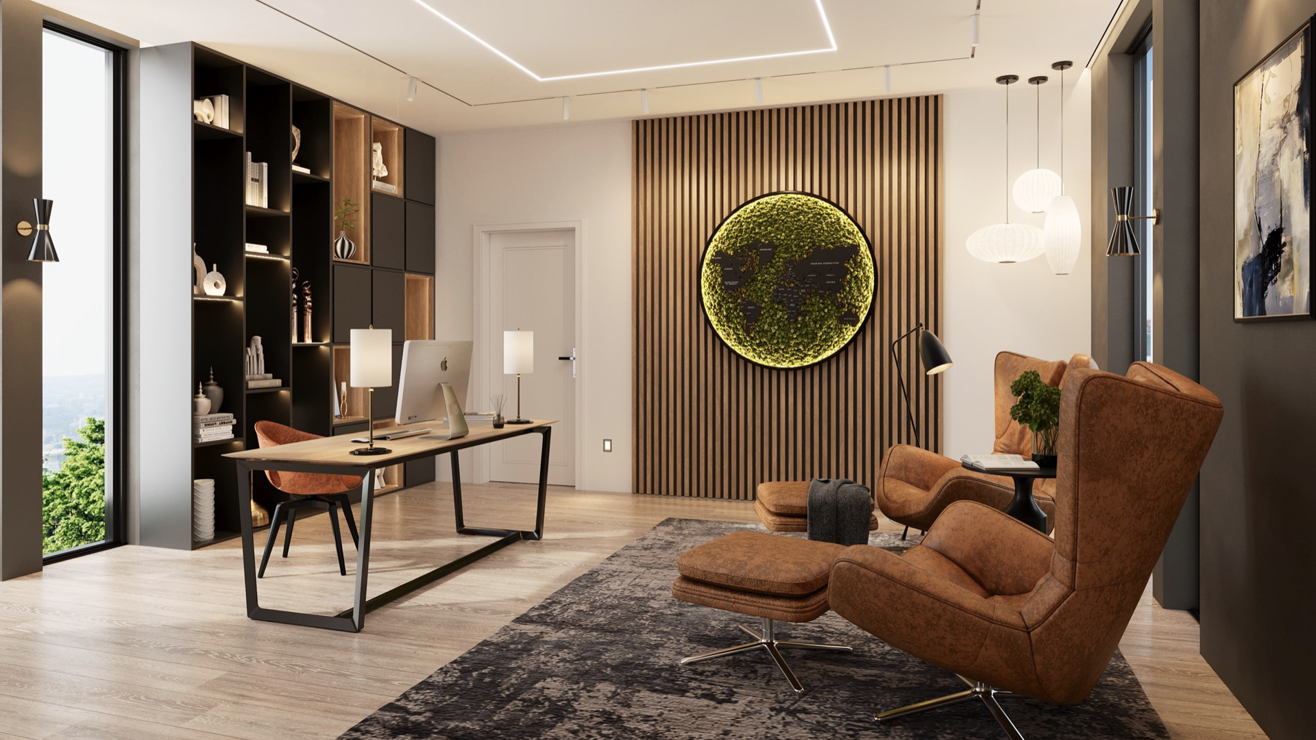 Modern home office with a wood desk and computer on the left, tall black shelving along the wall, and a seating area on the right with two tan lounge chairs and ottomans on a dark rug, all facing a wooden slat accent wall featuring a round illuminated moss world map and pendant lights.