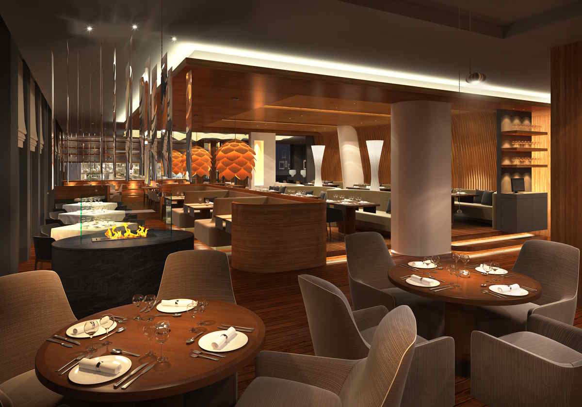 Upscale restaurant interior with warm lighting, wooden tables, and a sleek glass‑front fireplace.