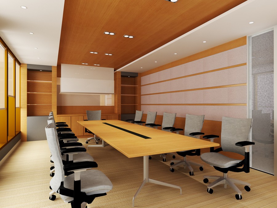 Meeting room with motorized shades, linear lighting, and a projector above. 
