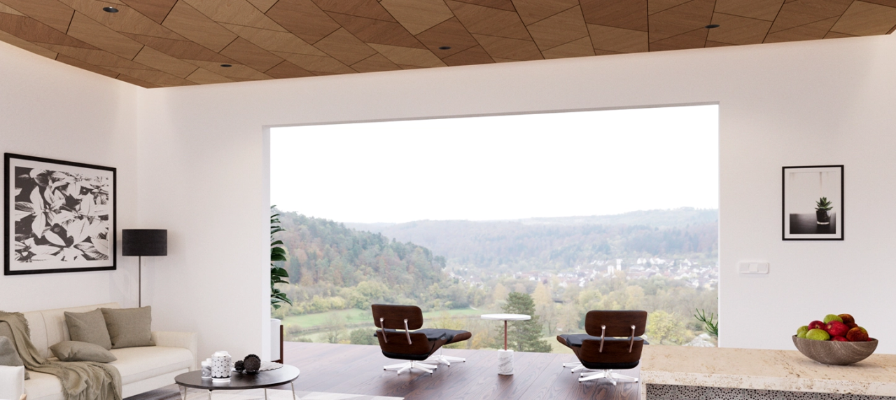 A white living room with a wood ceiling and recessed lighting by DMF Lighting.