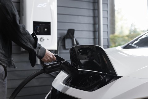 Person charging electric vehicle with a garage charging station.