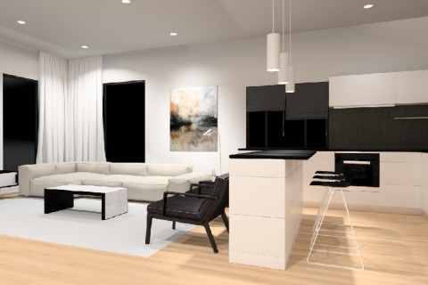 A contemporary kitchen with recessed, accent, and stairway lighting.