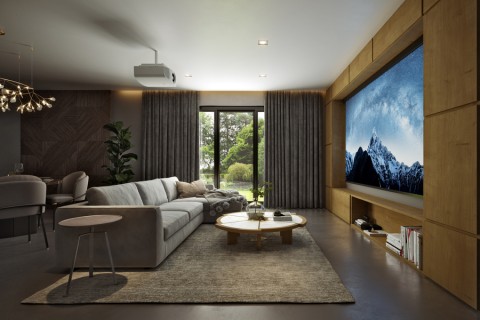 Custom home theater design in a Fort Worth home with a large screen and motorized window treatments.