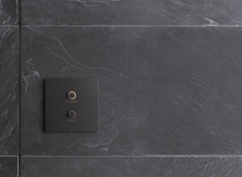 Lutron light switches with two dark circular buttons labeled “Energize” and “Relax.
