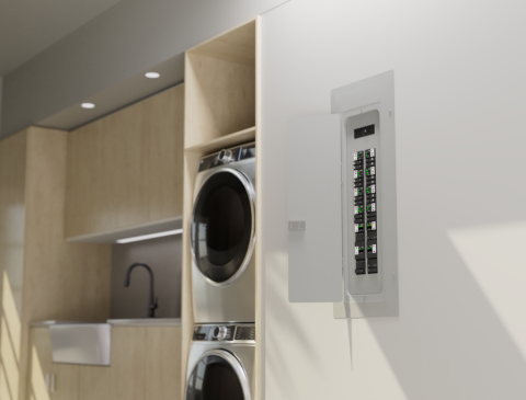 A home laundry room with a smart electrical panel on the wall.