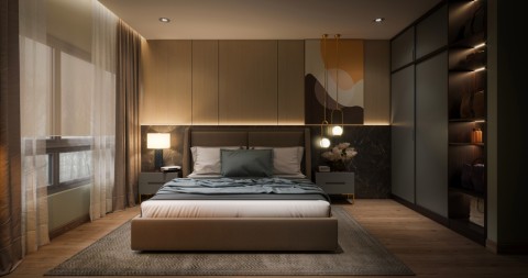 A modern bedroom illuminated by linear and recessed lights in a lighting design. 