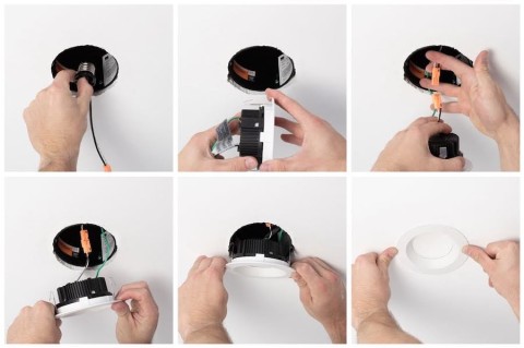 Six frames depicting the installation process of a DMF lighting fixture. 