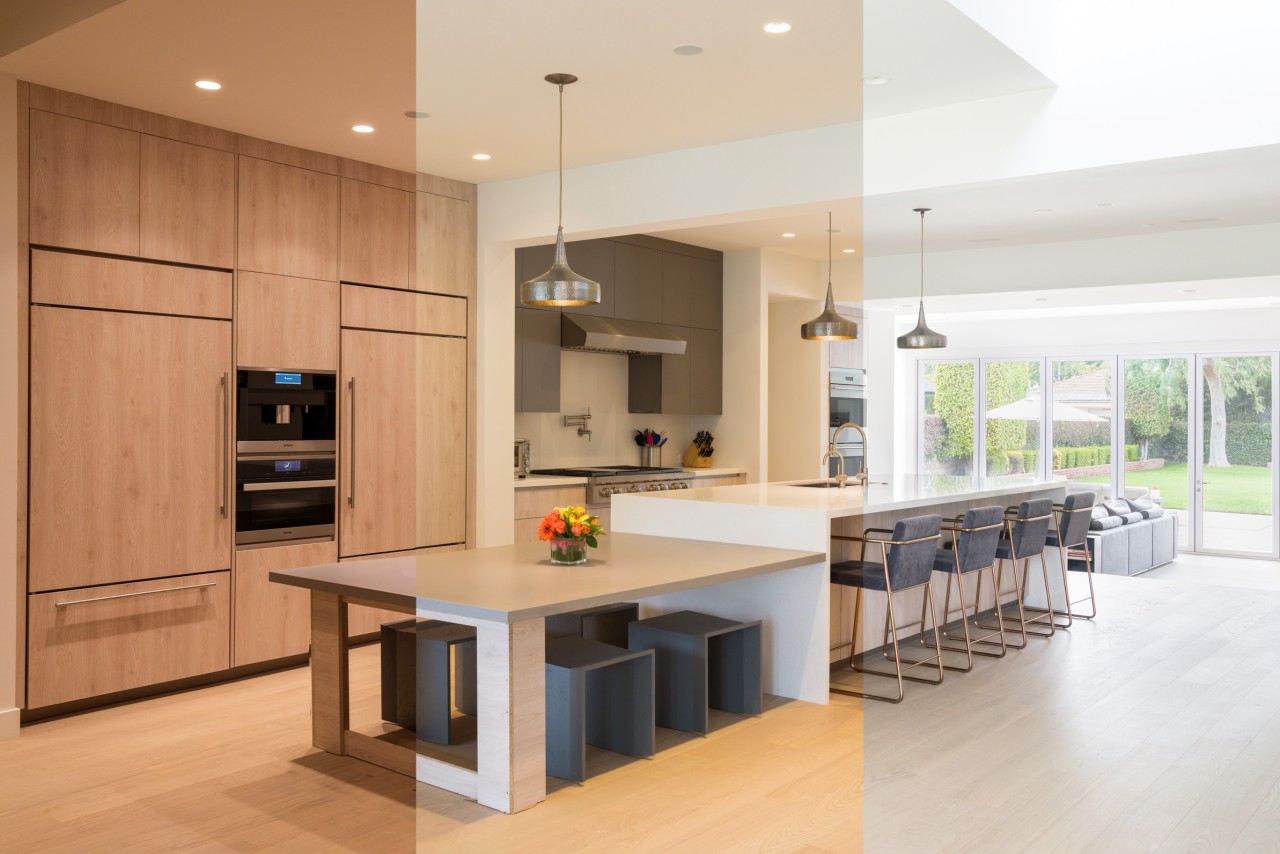 A kitchen in three parts, illuminated by warm LED lighting, paler light, and cool-toned light.