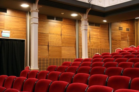 An auditorium with diffuser acoustic treatments on the wall.