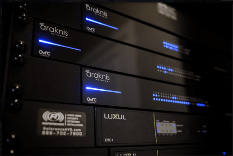 A close up of Araknis-branded internet routers.