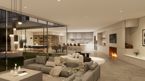 Recessed LED lighting set to a warm tone in a modern living room with the DMF logo in the right corner.