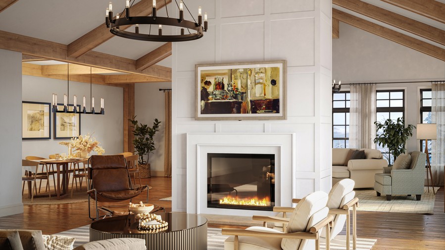 A living space with a Sony BRAVIA TV and Leon Studio Frame above a fireplace.